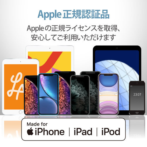 ライトニングケーブル 形状記憶 抗菌 1m 白 白いケーブルが曲がらずに整然と配置されている様子