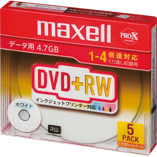 ﾃﾞｰﾀ用DVD+RW 片面4.7GB 1-4倍速 ﾎﾜｲﾄﾌﾟﾘﾝﾀﾌﾞﾙ ｽﾘﾑｹｰｽ 1ﾊﾟｯｸ(5枚)画像