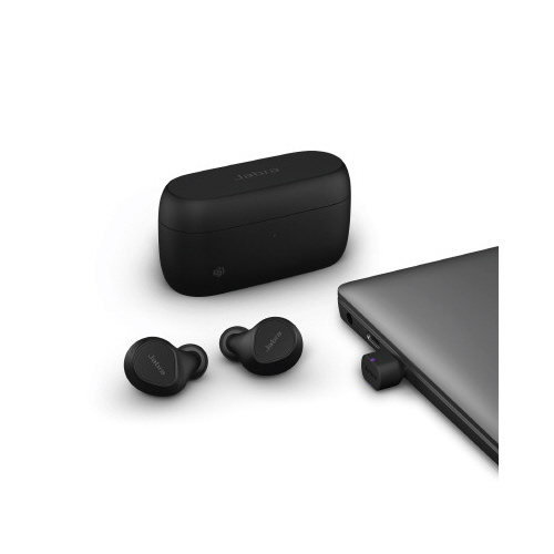 Evolve2 Buds USB-C MS 充電ケースに収納されたイヤホンの表面が見える状態