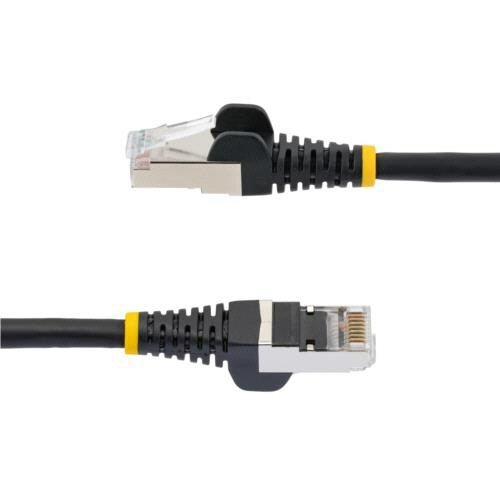 カテゴリ6A　LANケーブル　低煙ゼロハロゲン　ツメ折れ防止　1.5m　ブラック　1本 黒いLANケーブルが直線的に伸びている様子、コネクタ部分は強化されている。