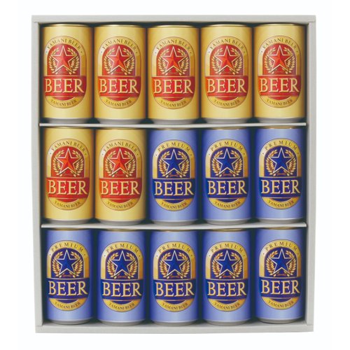 贈答箱 350ml×15本ギフト箱(地券) ヤマニパッケージ パッケージが整然と並び、側面に鮮やかなデザインが施されている様子
