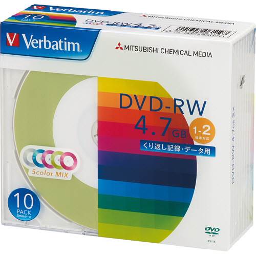 ﾃﾞｰﾀ用DVD-RW 4.7GB 1-2倍速 5色ｶﾗｰMIX 5mmｽﾘﾑｹｰｽ 1ﾊﾟｯｸ(10枚)画像