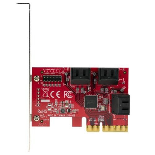 SATA　6ポート増設PCI　Expressインターフェースカード　1個 金属ブラケット側を手前にして6つのコネクタが横一列に並んだ基板が1枚、斜め上から見える状態