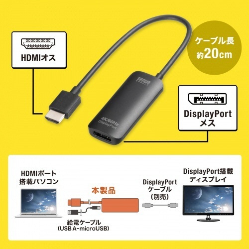 HDMI-DisplayPort変換アダプタ(4K/60Hz)　1個 表面が光沢のある質感のアダプタ、端子部分がはっきりと見える状態