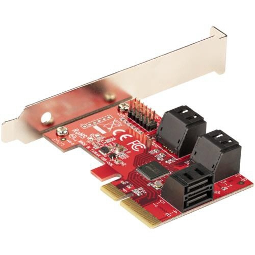 SATA　6ポート増設PCI　Expressインターフェースカード　1個 複数のポートが並ぶカードの上面、金属製の基板が確認できる状態
