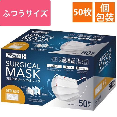 3層立体サージカルマスク　個包装タイプ　1箱(50枚)画像