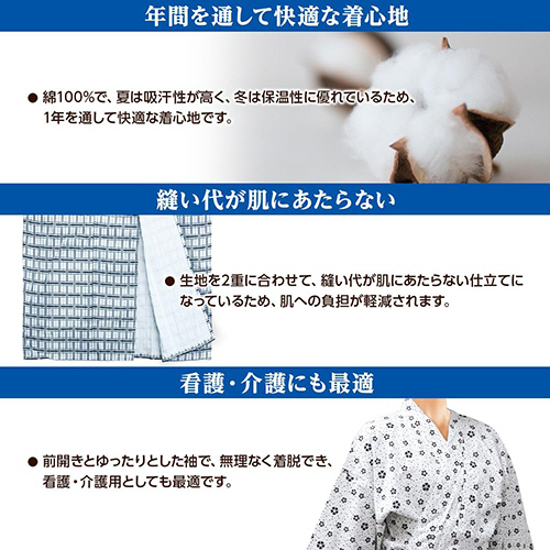 プラスハート　オオサキガーゼねまき　婦人　紺色　L　1枚 優しい紺色の生地が広がり、柔らかな素材感が強調された状態