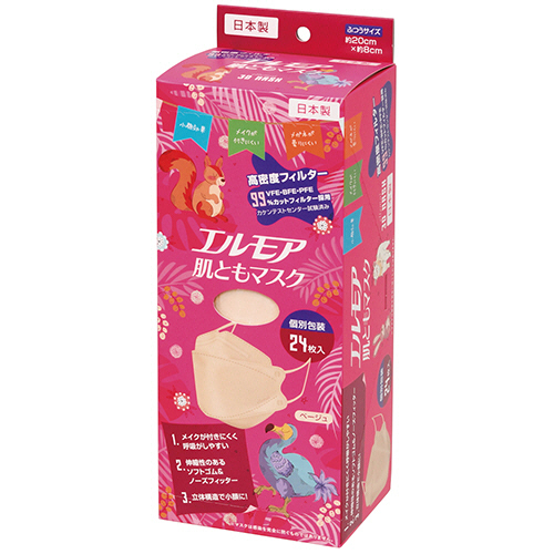 ｴﾙﾓｱ 肌ともﾏｽｸ Vivid Animal 3D ﾍﾞｰｼﾞｭ (個別包装) 1箱(24枚)画像