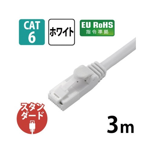 LANケーブル カテ6 ホワイト 3m 柔らかなホワイトカラーの3メートル長のケーブルが直線的に伸びている様子