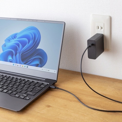 USB2.0　PD60W対応　Type-Cケーブル　ブラック　1m(RoHS指令10準拠)　1本 ケーブルがしっかりと巻かれた状態で、コネクタ部分が明確に見える。