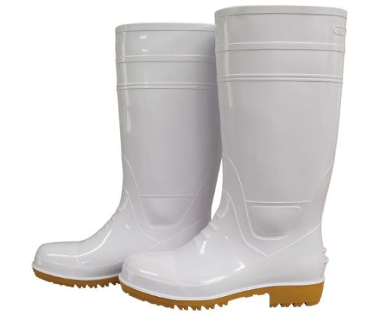 耐油長靴先芯入り　ガロア#1ホワイトL 全体が白で、先芯部分が強調された正面からの斜め視点