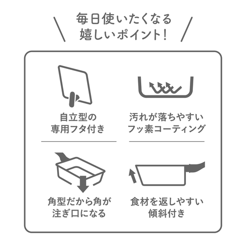 四角いフライパン　13×18cm　IH対応　深型　Supot　copan　ベージュ ベージュの深型フライパンがテーブルに置かれた横からの視点、持ち手が見える状態。