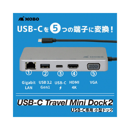 USB-C Travel Mini Dock2 コンパクトなデザインのドックの側面が見える状態
