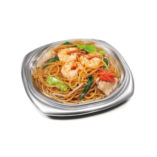 惣菜容器 バイオ ピタプレ 19BA K-シルバーW リスパック 横からの視点で、透明な蓋が付いたシルバーの容器が整然と並んでいる様子