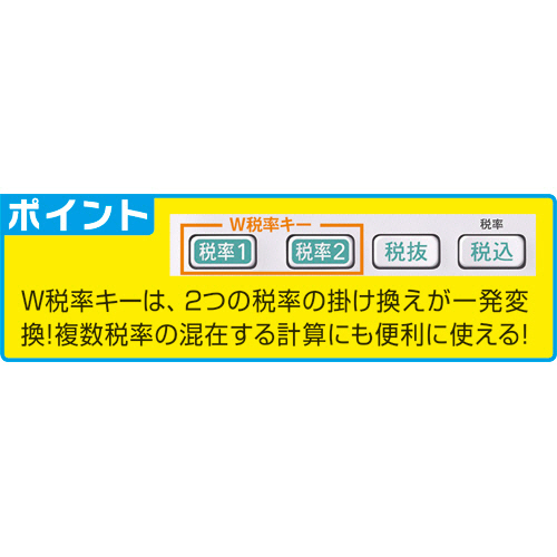 W税率電卓　12桁　デスクタイプ　1台 タッチパネルと数字キーが並ぶ正面からのアップショット