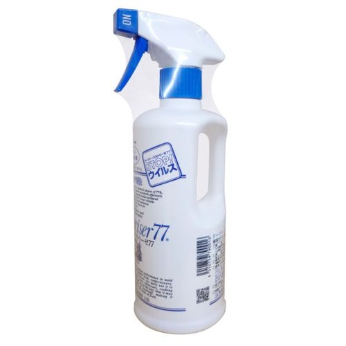 アルコール製剤 パストリーゼ77 500mL スプレーヘッド付き ドーバー スプレーヘッドが装着されたボトルの側面、透明な液体が見える状態