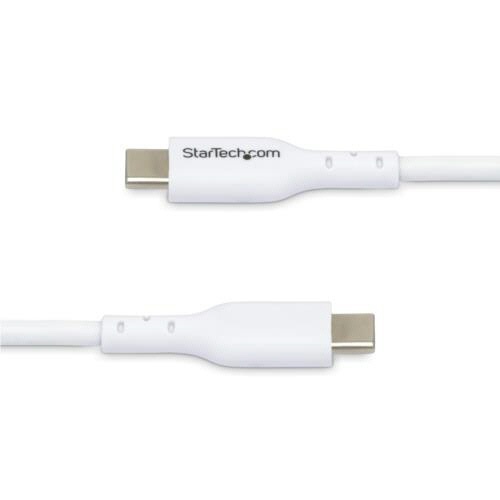 USB-C充電ケーブル　Type　C(オス)-Type　C(オス)　1m　ホワイト　1本 太めの白いケーブルが直線的に伸びている状態、両端に金属製のコネクタが見える。