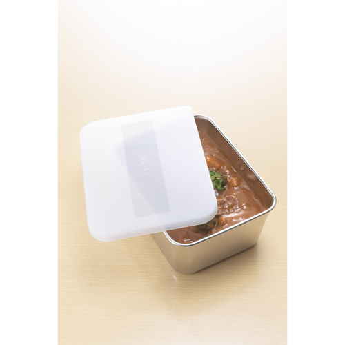 保存容器 EAトCO いいとこ Youki ヨウキ 650ml ステンレス製 ホワイト 鈍い光沢のあるステンレス製の容器が反射する背景を持つ白色のフタ