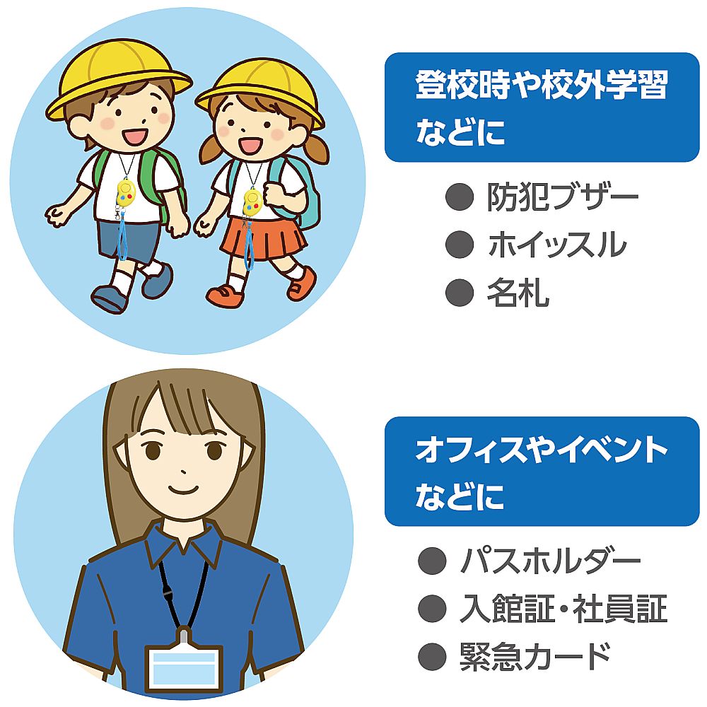 安全キャップ付ネックストラップ 安全キャップが付いたネックストラップが平らに置かれた状態