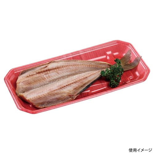 刺身容器 豊漁33-16(27)A ひだ赤 エフピコ 赤いひだ付きの透明な刺身容器が横向きに並んでいる様子