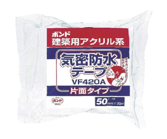 ボンド建築用アクリル系気密防水テープ　VF420A-50　#04645 透明なアクリル製テープが巻かれた状態で、中央に白いロゴが配置されている。