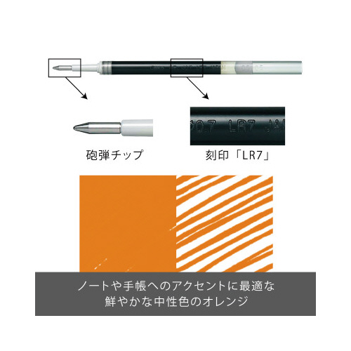 エナージェル用替芯　LR7　オレンジ パッケージの上部が見え、オレンジ色の替芯が並べられている様子