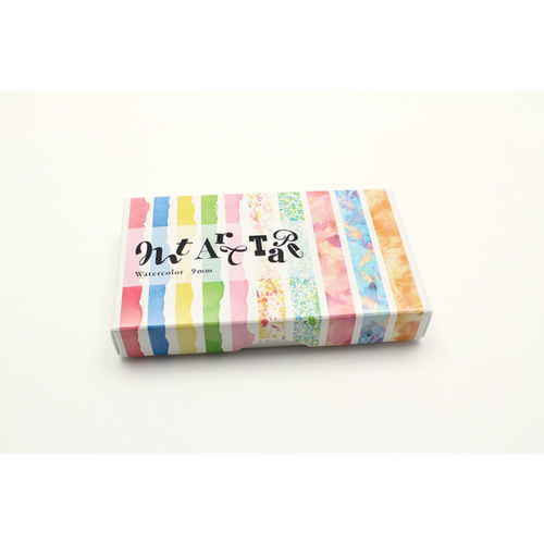 マスキングテープ マステ mt art tape 水彩絵の具 9mm幅セット カラフルな水彩絵の具の模様が施されたマスキングテープが整然と並ぶ様子