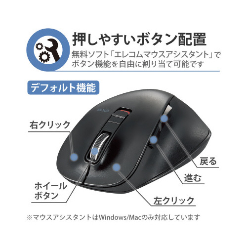 Bluetoothマウス 5ボタン M ブラック 前面から見た、滑らかな黒いボディの5ボタンデザイン