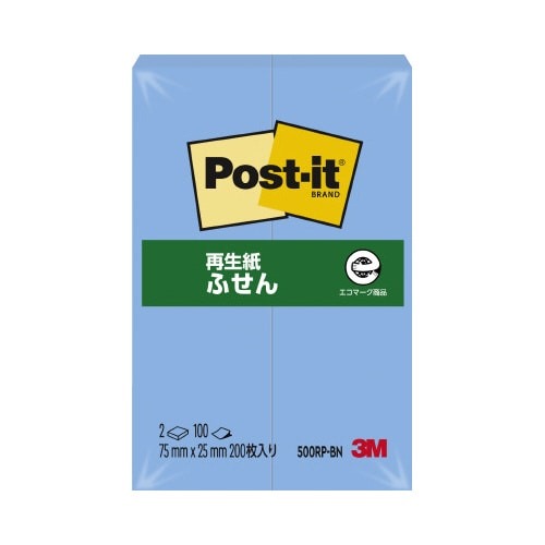 ポストイット　再生紙ふせん　７５×２５　ブルー２冊画像