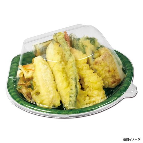 惣菜容器 夢扇10本体 竹かご緑 デンカポリマー 緑の竹かごに収められた容器が整然と配置されている様子