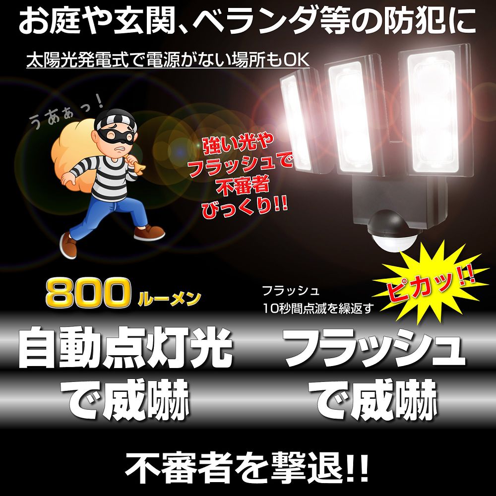 ソーラー式　センサーライト 円形のライトが壁に取り付けられ、明かりが周囲を照らしている様子