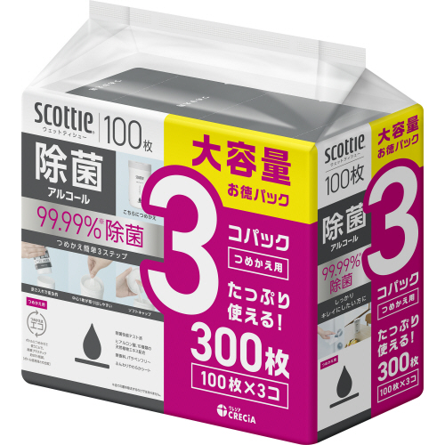 ｽｺｯﾃｨ ｳｪｯﾄﾃｨｼｭｰ 除菌 ｱﾙｺｰﾙﾀｲﾌﾟ つめかえ用 1ﾊﾟｯｸ(300枚:100枚×3個)画像