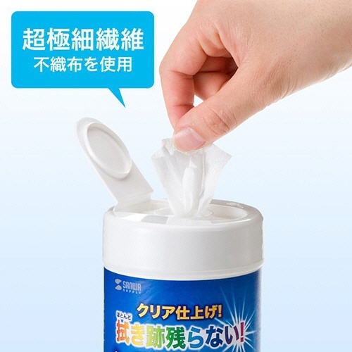 OAウェットティッシュ　液晶用　ボトルタイプ　1個(80枚) 液晶画面用のウェットティッシュがボトルに入った状態で、前面には内容量が明記されている。
