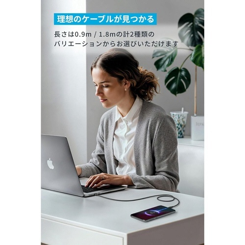 ANKER USB-C & USB-A ケーブル Flow 1.8m ミッドナイトブラック 1本 ケーブルがクリアなパッケージに収められ、両端にコネクタが見えている様子