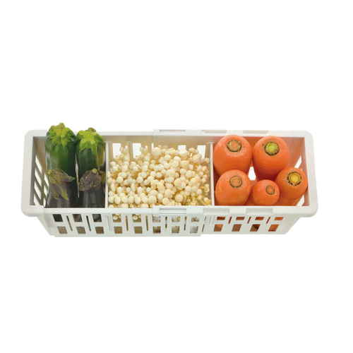 冷蔵庫収納　トトノ野菜・冷凍庫　伸縮ストッカー深型　スリム 透明な容器に収納された冷凍食品が整然と並んでいる様子