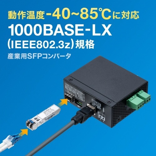 産業用SFPコンバータ　1個 正面から撮影され、コネクタ部分が見える状態
