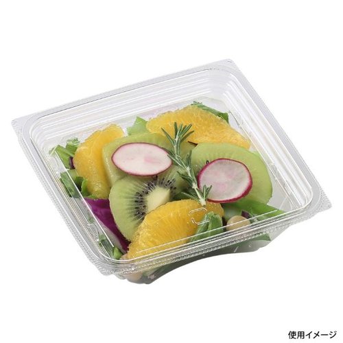 サラダ容器 APスリムBOX 13-13(38) 本体 エフピコ 透明な容器が側面から見える状態、底部が広がって形が安定している様子。
