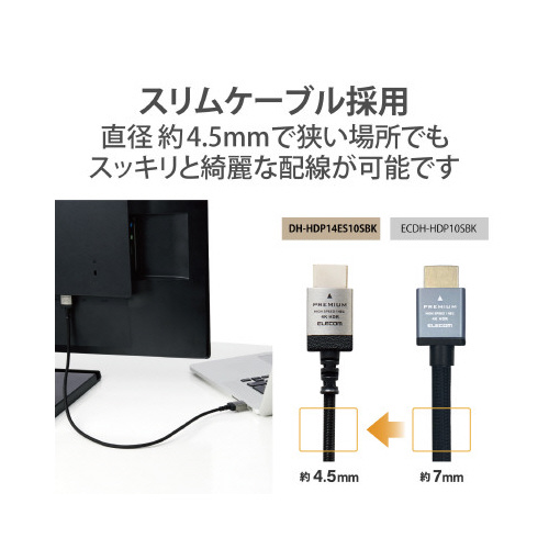 HDMIケーブル 2m ブラック 全体が黒い、滑らかな質感のケーブルが直線的に伸びている様子