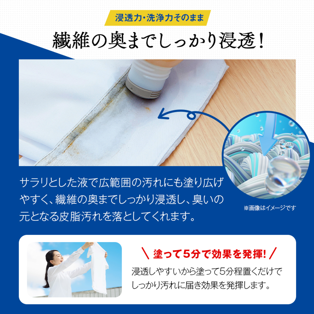 洗濯洗剤　クリーニング屋さんのエリそで洗剤 パッケージのデザインが見える状態で、正面から撮影されたボトル