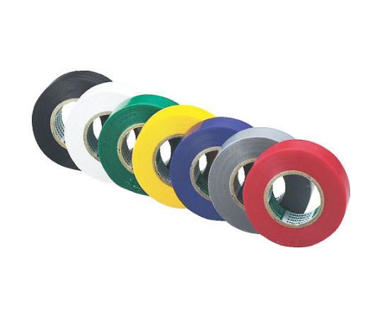 脱鉛タイプビニールテープ　19mmX10m　10巻入り　黒 黒いビニールテープが平置きにされ、パッケージが正面から見える状態