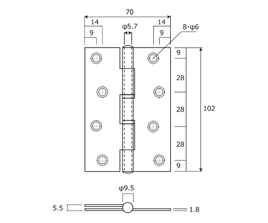ステン厚口丁番　ブロンズメッキ　縦102mm×横70mm×厚み1.8mm 表面に光沢のあるブロンズメッキ仕上げの丁番が斜めから見える状態