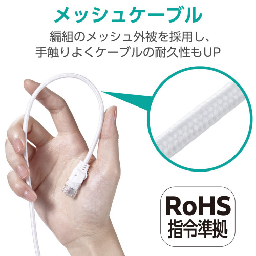 LANケーブル CAT6A準拠 1m メッシュ 白 メッシュ状のケーブルが白い背景に対して斜めに置かれている様子