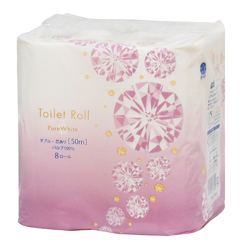 トイレットペーパー　ピュアホワイト　ダブル　芯あり　50m　1パック(8ロール) シンプルで清潔感のあるパッケージが正面に向いている状態