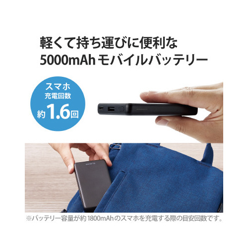 モバイルバッテリー 5000mAh ブラック 光沢のあるブラックの表面が特徴的な斜めからの撮影