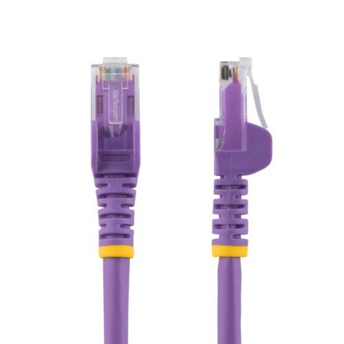 カテゴリ6　LANケーブル　RJ45モールドコネクタ　ツメ折れ防止　7.5m　パープル　1本 接続部分がはっきりと見える、パープルのケーブルが曲がった状態