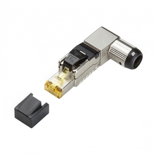 カテゴリ6A　RJ-45コネクタ(L字型・かしめ工具不要)　1個 工具不要でL字型のコネクタが横向きに並んでいる様子