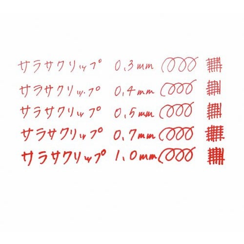 サラサクリップ 0.7mm 赤5本 パッケージの上から見た状態で、５本のボールペンが整然と並んでいる様子