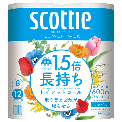 ｽｺｯﾃｨﾌﾗﾜｰﾊﾟｯｸ1.5倍長持ちｼﾝｸﾞﾙ 芯有 75m 香付 1ｾｯﾄ(64ﾛｰﾙ:8ﾛｰﾙ×8ﾊﾟｯｸ)画像