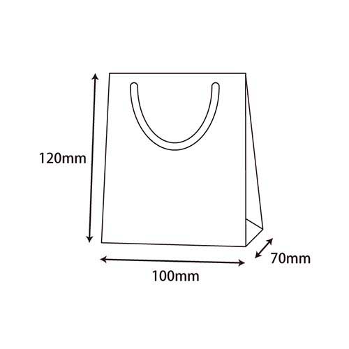 手提げ紙袋（ネイビー ツヤあり・PP紐・幅100×マチ70×高さ120mm） 正面を向いて立つ光沢のあるネイビーの袋、白いPP紐がループ状に立っている様子