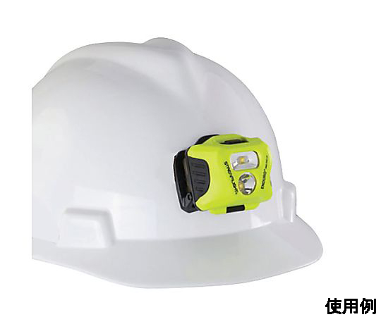 [単4x3本] ヘッドライト/LED(防爆構造) 光源部分が明るく輝く状態で、背面に便利なスイッチが見えるアングル